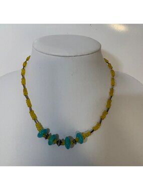 Yellow and Aqua Glass Beaded Necklace Silver Tone Accents 17.5 Inches